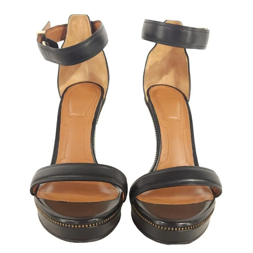 Givenchy Black Leather Ankle-Strap Wedge Sandals with Gold Stud Trim